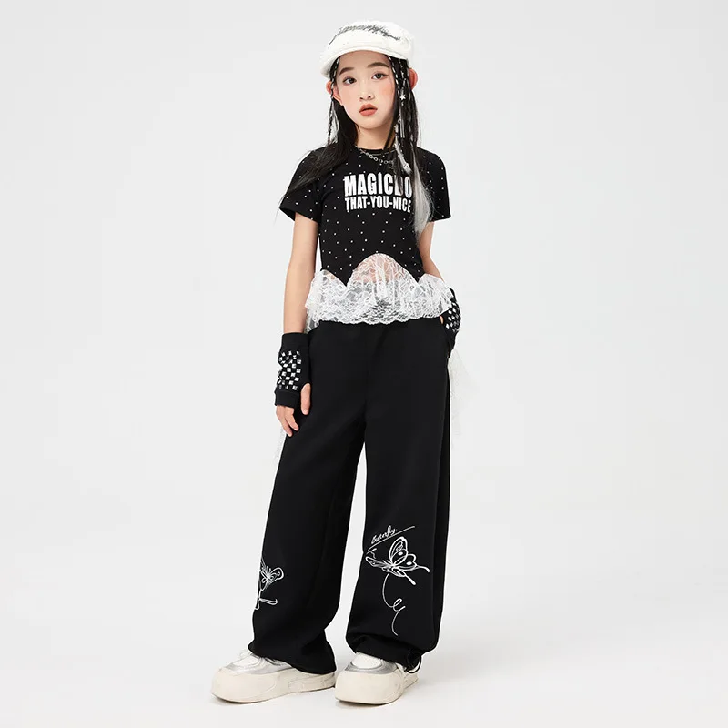 

Kid Kpop Hip Hop Clothing Black Dots Print Lace Hem T Shirt Top Casual Butterfly Sweat Pants for Girl Jazz Dance Costume Clothes