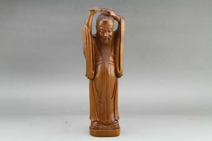 Old Chinese Boxwood Wood Hand Carved Dynasty Confucius Confucian Statue