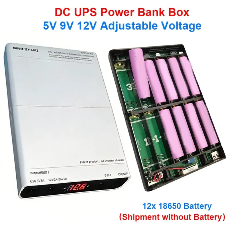 A37T-DC UPS 12X18650 Battery Power Supply Box DIY Power Bank Kit 5V 9V 12V Output Optical Modem Router Uninterruptible