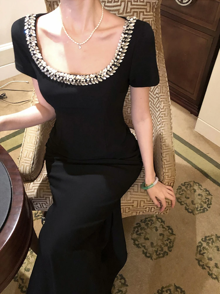 Vestidos de noche dulces Vintage para mujer, Vestidos elegantes Retro negros de corte bajo, bata ceñida con cola de pez para fiesta de graduación y fecha