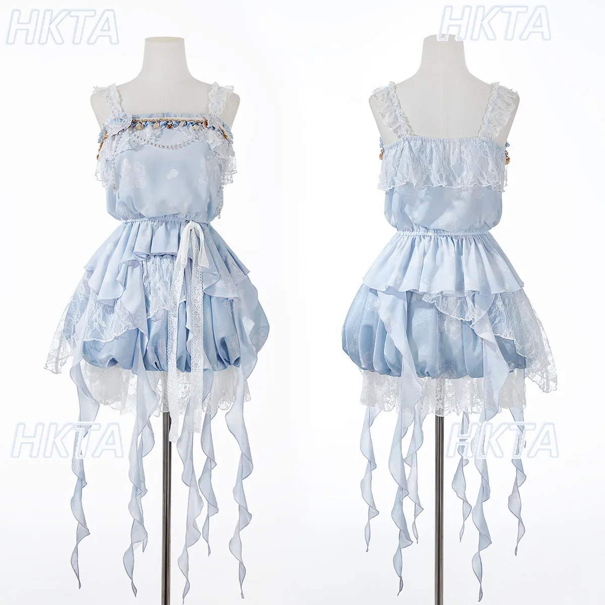 

Chinese Summer New Sweet Cute Lolita Resort Beach Pearl Slim Suspender High Waist Irregular Lace Streamer Bud Skirt Sets Women