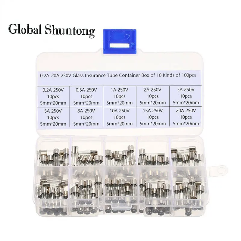 

100PCS 5X20 Fuse Box with Different Resistance Values, Pieces Each, 0.2A-20A Set