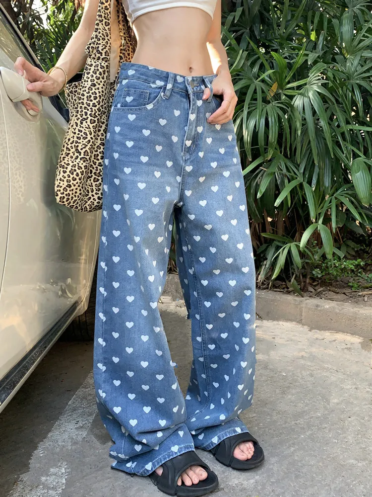 2026 Ropa Y2K Mode mit Herzmuster Bedruckte Baggy Jeans für Damen Kleidung Weites Bein Kpop Casual Damenhose Pantalon Femme – Detail 8