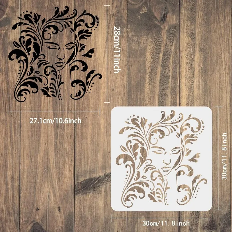 Seaweed Girl Stencil 11.8x11.8 inch Large Beauty Girl Acanthus Craft Stencils Reusable Plastic Leaves Female Face Drawing