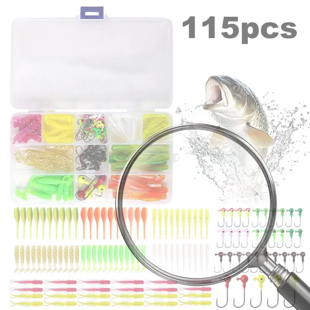 

Набор мягких приманок T-Tail из 115 шт. с джиг-крючками, аксессуары для рыбалки, мягкие рыболовные приманки, рыболовный ящик для снастей