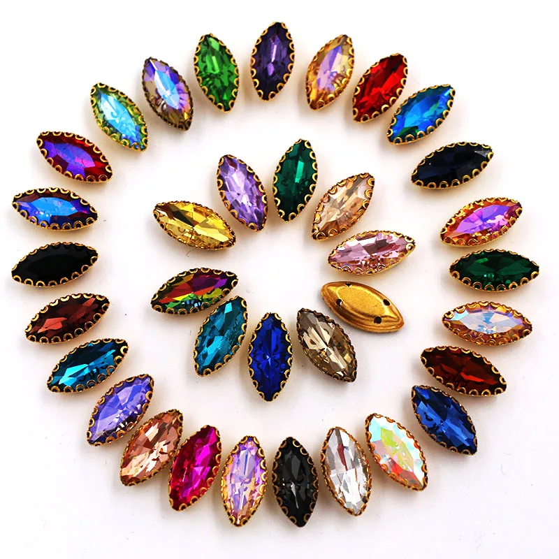 7X15mm 30 Stück Pferdeaugen-Form Strass-Steine mit Goldbasis Spitze Krallen-Design Aufnähbare Glas-Kristalle DIY Bekleidungszubehör