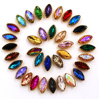 7X15mm 30pcs Horse Eye shape Rhinestones with Gold Base Lacy Claw Design Sew-On Glass Crystal DIY Garment Accessories