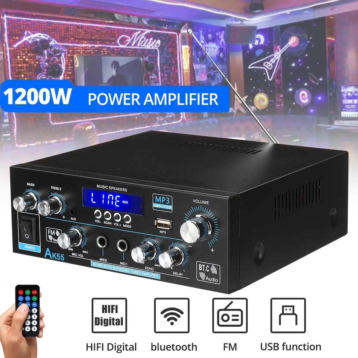 Amplificador de Potência Digital Hi-Fi AK55, Atualizado, Bluetooth 5.0, 110-240V, Sem Fio, Casa, Carro, Áudio, 1200W