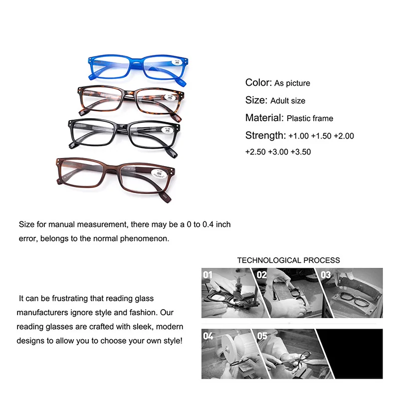 4 عبوات من نظارات القراءة المستطيلة للأعمال للرجال جودة عالية نظارات طويلة النظر متينة 1.00 1.50 2.00 2.50 3.00 3.50