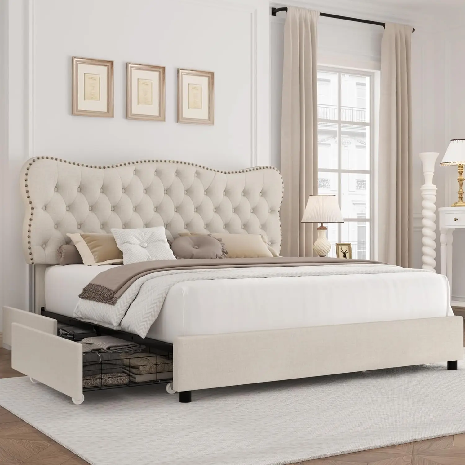 HOSTACK King Bed Frame con 4 cassetti portaoggetti, struttura del letto con piattaforma imbottita con testiera trapuntata a bottone, materasso per impieghi gravosi