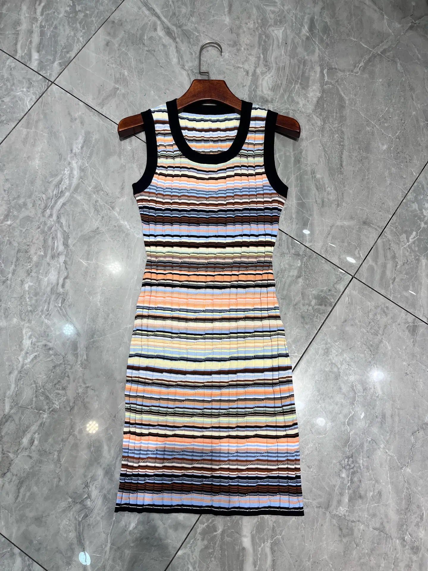 Spring Fashion Party Striped Knitting Sexy Mini Pencil Dress Women's O-Neck Sleeveless High Waist Slim Buttock Covering Dresses