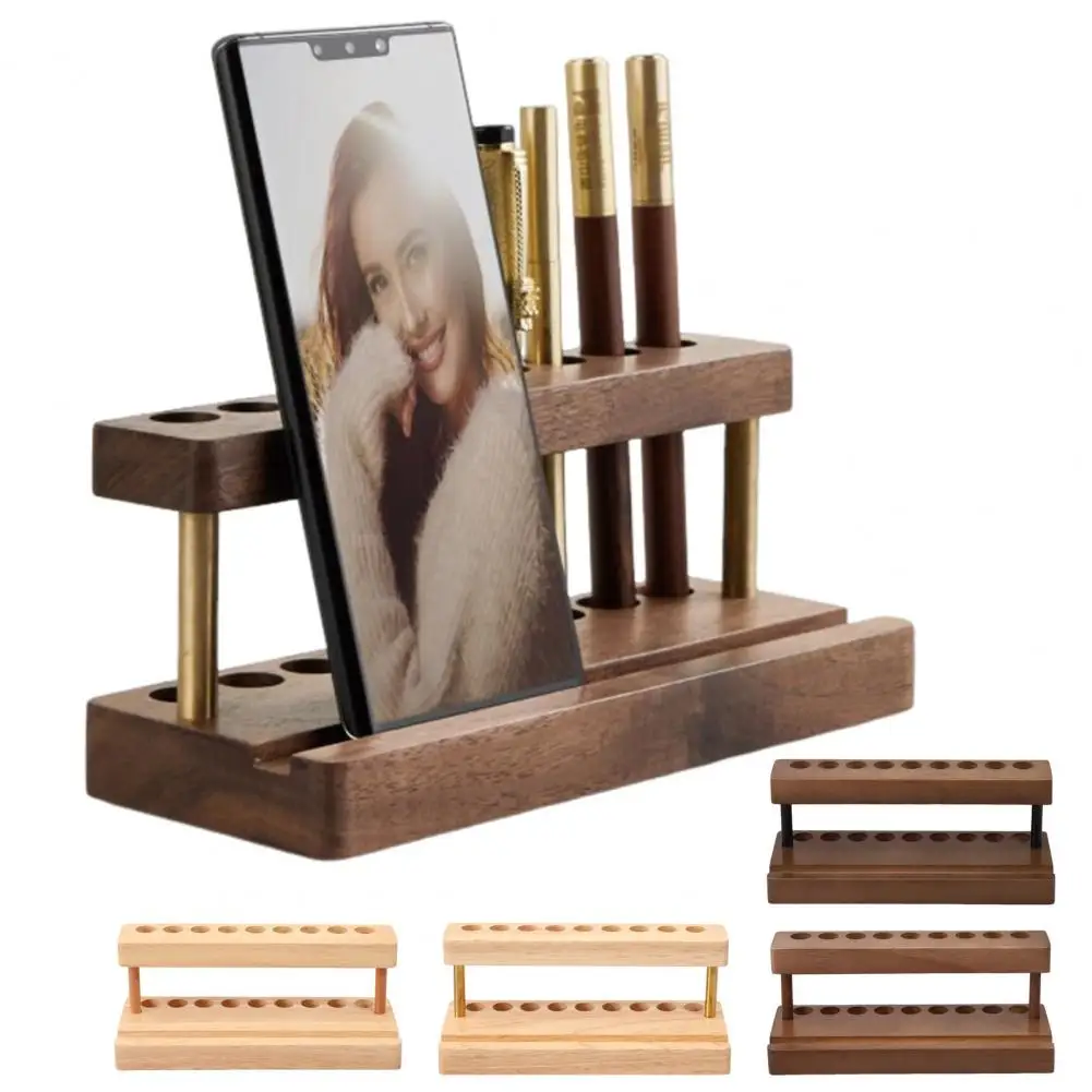 Wood Pen Holder 9 Slots Cell Phone Stand Aesthetic Organizer Natural Wood Grain Pen Stand Minimalist Office Decor 목제 붓걸이