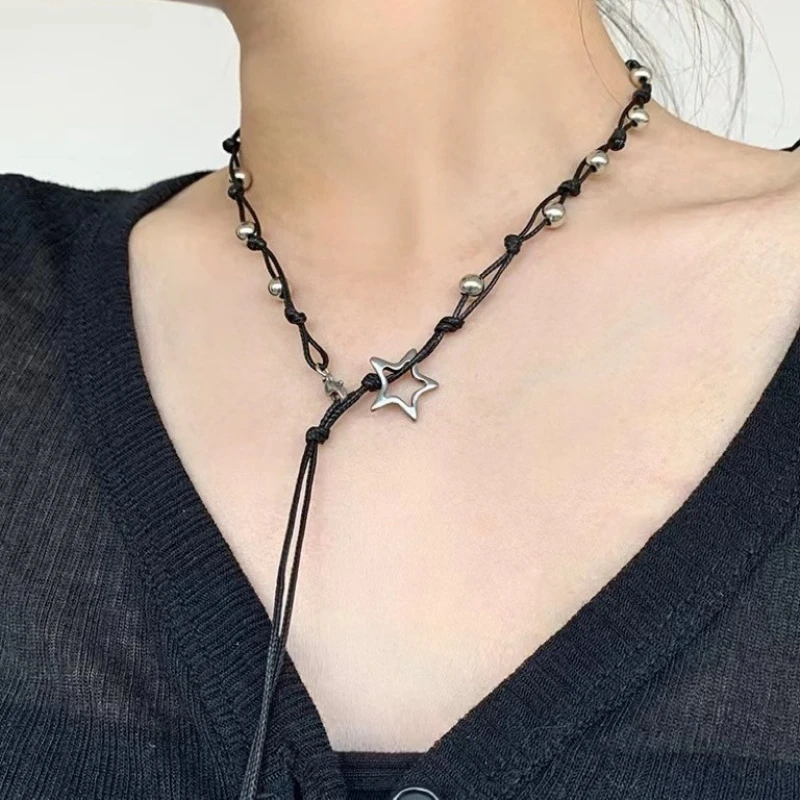1Pc Y2K Black Rope Choker Necklace, Hollow Star Pendant Silver Bead Adjustable Drawstring Punk Fashion Jewelry for Women
