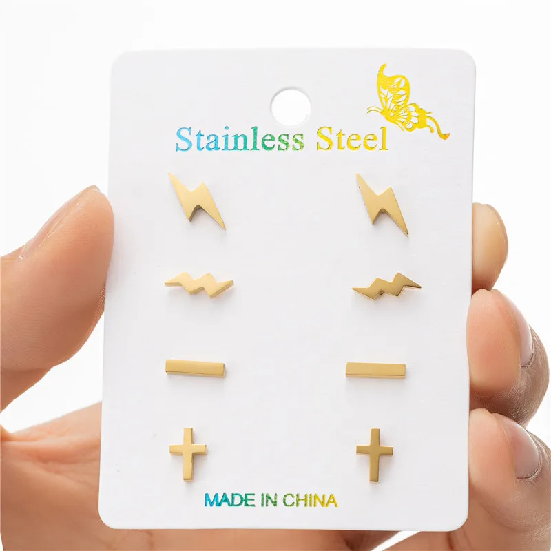 4 Paare/los Punk Edelstahl Blitz Ohrringe für Männer Frauen Einfache Kreuz T Bar Ohr Studs Geometrie Geformt Ohr Schmuck