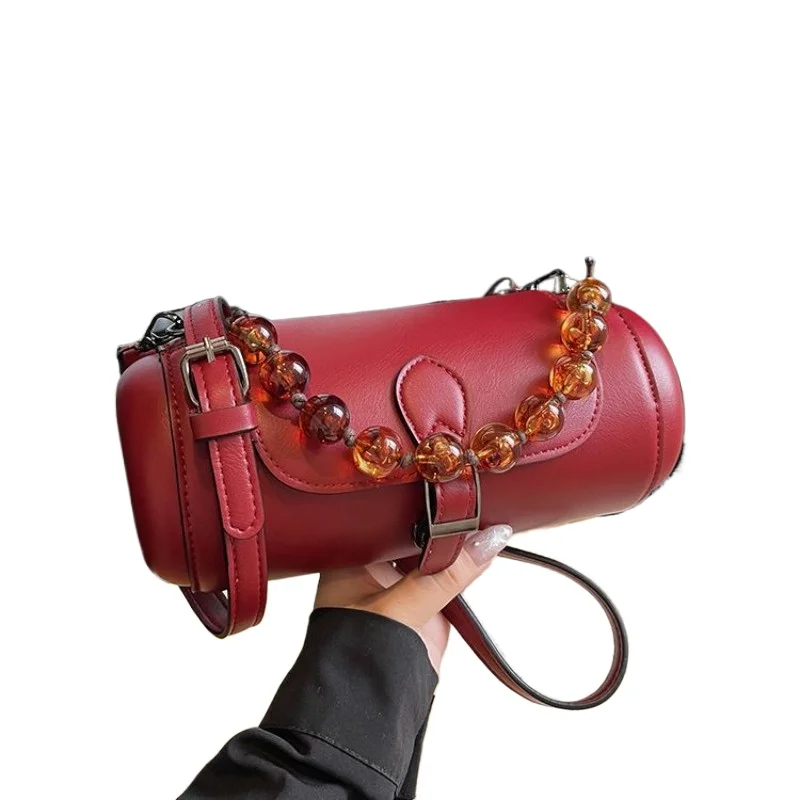 

Red Bead String Decorative Shoulder Bag Thin and Versatile New Fashion Trend Small Bag Street Tide Cylinder Casual Oblique Span