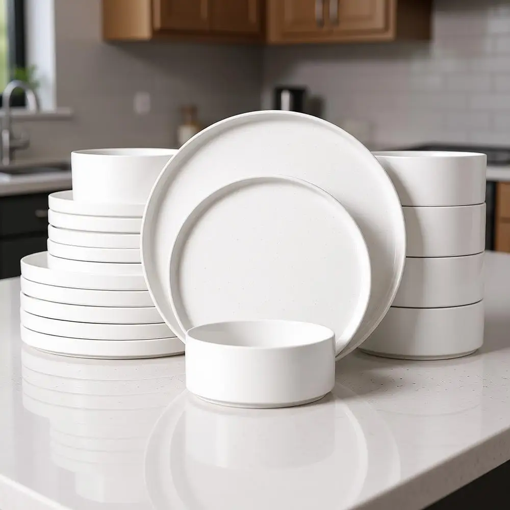 

Набор посуды из 6 предметов: тарелки, миски и столовые приборы с крапинками и в горошек — полярно-белый, для микроволновой печи и посудомоечной машины