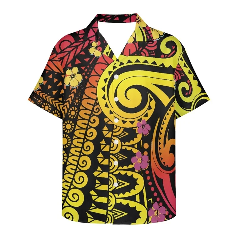 Men\'s Tribal Polynesian Beach Shirts 3D Printed Short Sleeve Button Down Casual Hawaiian T-Shirt Mens Oversized Tee Tops Clothes