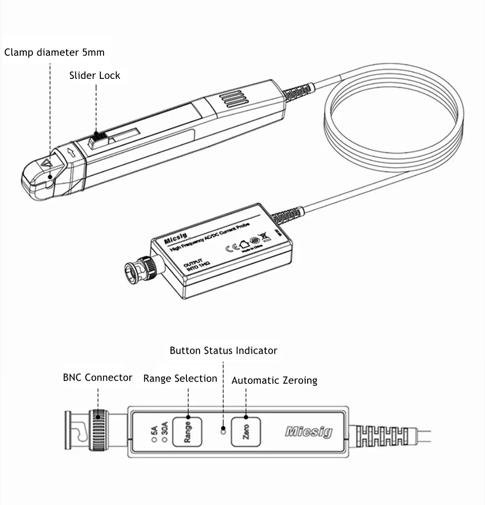 جديد Micsig CP1003B 100MHz 5A/30A ثنائي المدى عالي التردد التيار المتناوب/تيار مستمر التحقيق الحالي مع موصل BNC لراسم الذبذبات