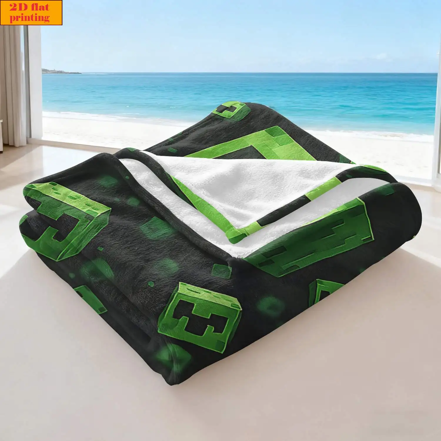 Floating 3D Green Creeper Block Splash Dot Black Back Game Fleece Blanket Cozy Light Throw For Bed Travel Dorm Boy Gaming Decor