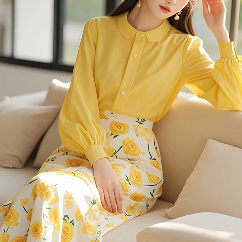 Ele jaune Rose imprimé irt et jupe Ensemble femme Faion automne hiver tenue longue Sve Smart Ensemble décontracté