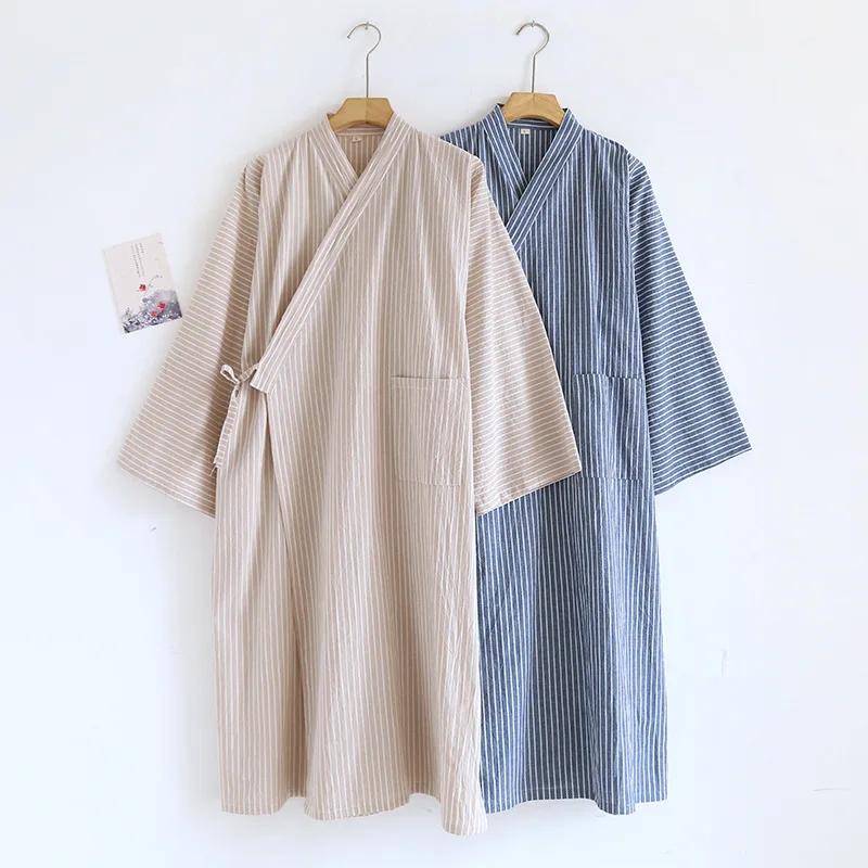 Men's Spring Autumn Nightgown Hanfu Loose Fit Pure Cotton Lace Up Cardigan Bathrobe Lightweight Summer Loungewear Large Size