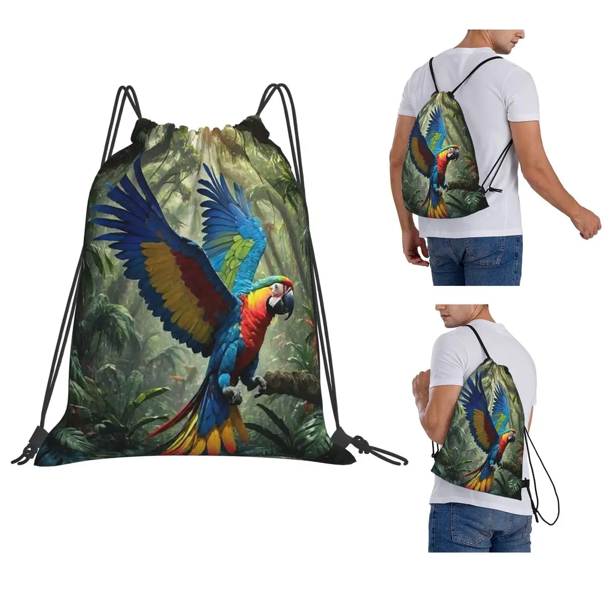 Cute Macaw Parrots Backpacks Portable Drawstring Bags Sports Bag Book Bags for Travel Students