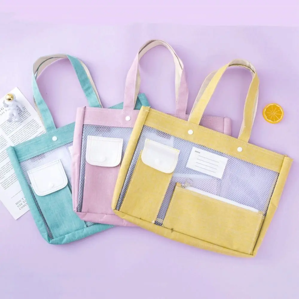 Large Capacity Stationery Storage Bag Candy Color Carrying Student Book Pouch Folders Portable Mesh File Bag Document