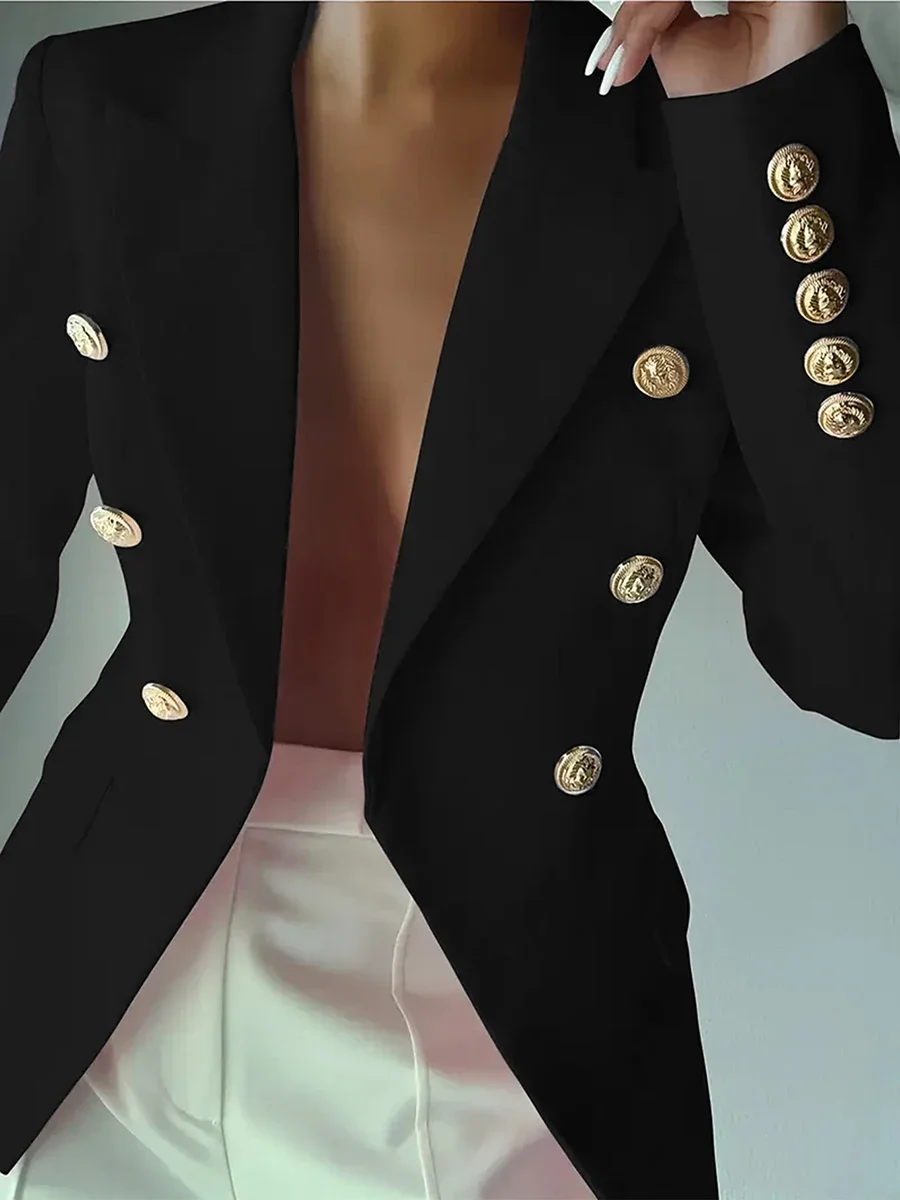 Elegant Office Lady Double Breasted Blazer Slim Fit Lapel Jacket Luxury Lion Head Metal Buttons Button Up Collar Suit Coat