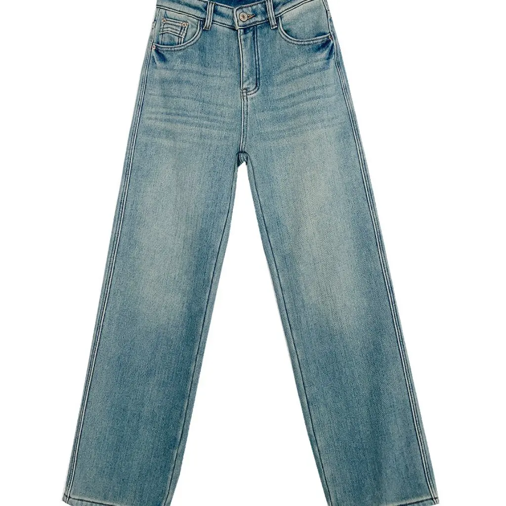 Jasnoniebieskie jeansy z polarową podszewką, wąskie, proste, luźne spodnie na jesień i zimę F120109, szerokie nogawki, moda damska.