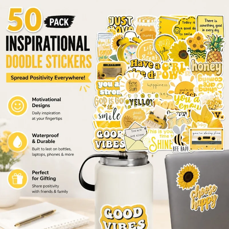 50pcs Inspirational Doodle Stickers Waterproof Decals for Water Bottles Laptops Phones Creative Motivation Sticker