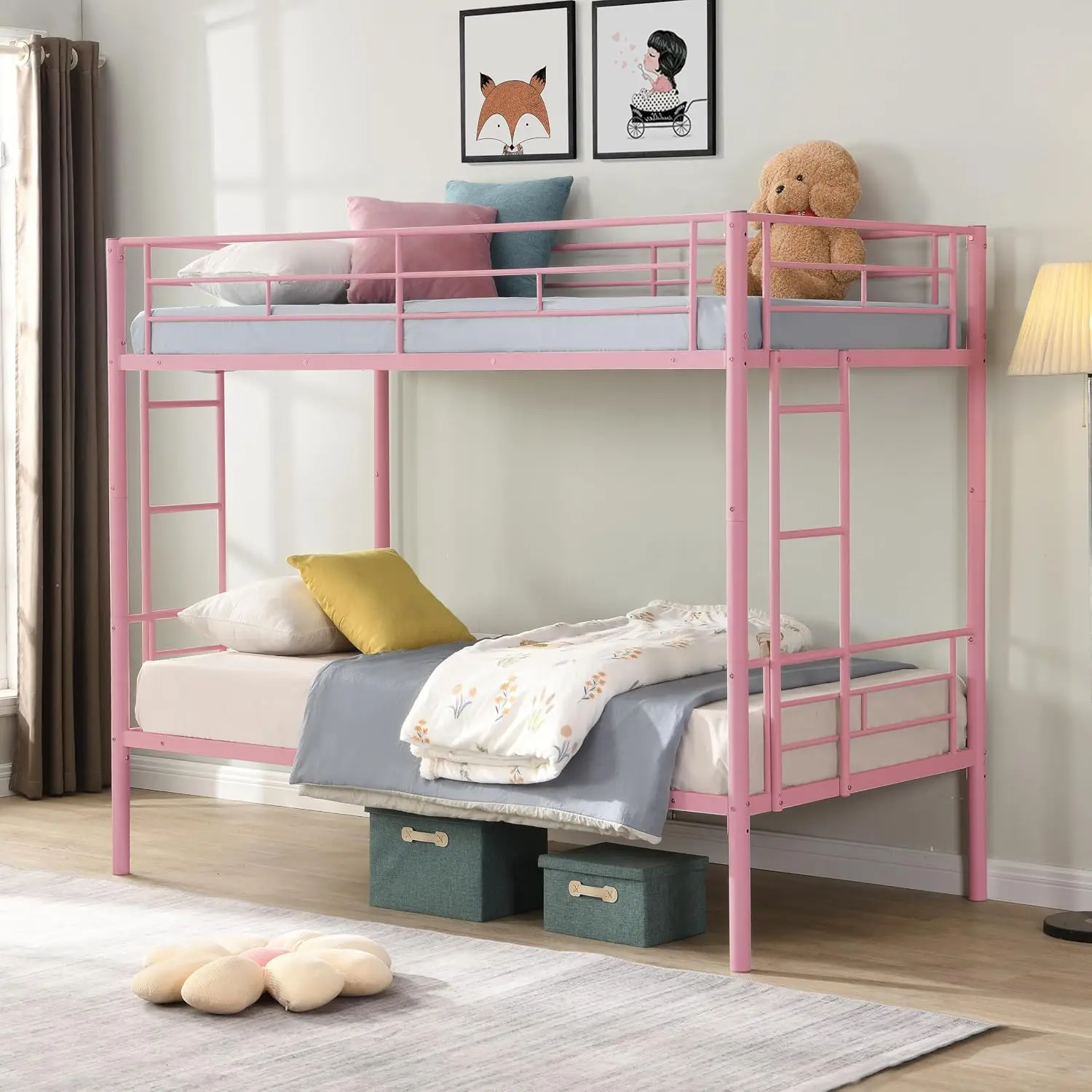 Twin Over Twin Bunk Bed, Metal Bunk Bed With Built-in Ladder And Safety Guardrail, Space-Saving Twin Bunk Beds For, Customized