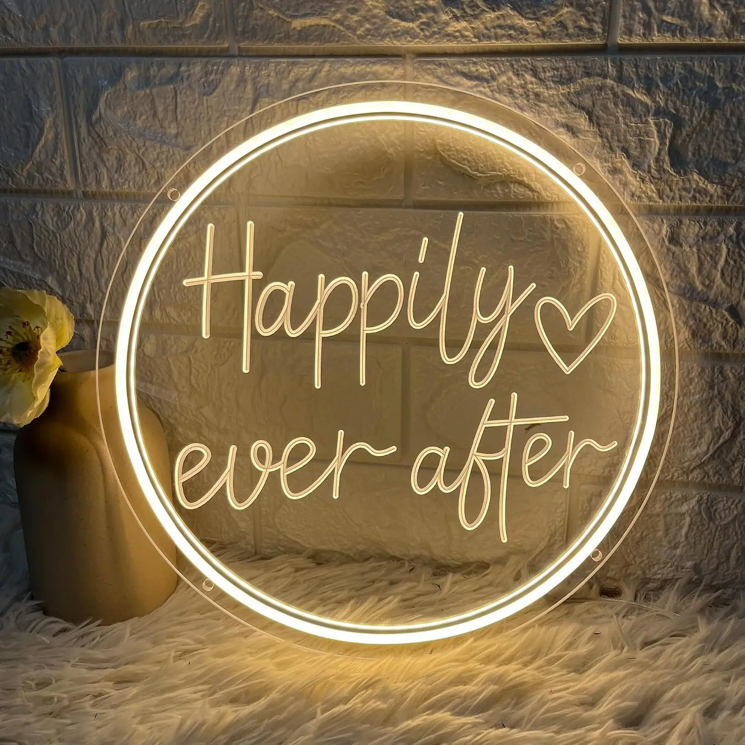 Happily Ever After Heart LED Neon Sign USB Wall Light for Wedding Backdrop Bridal Shower Bedroom Anniversary Romantic Decor Gift