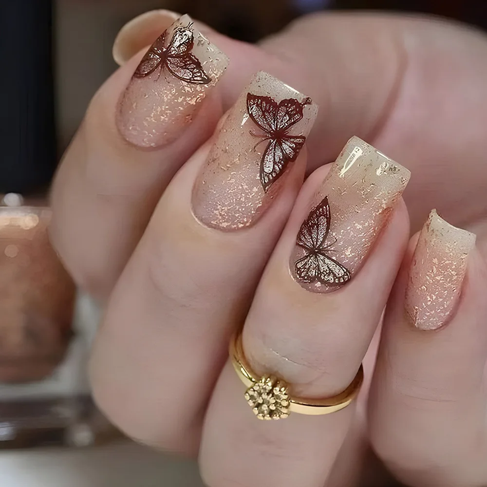 24 pçs quadrado francês capa completa unhas falsas com pó brilhante imprensa simples em unhas acrílicas doce legal bailarina dicas de unhas falsas