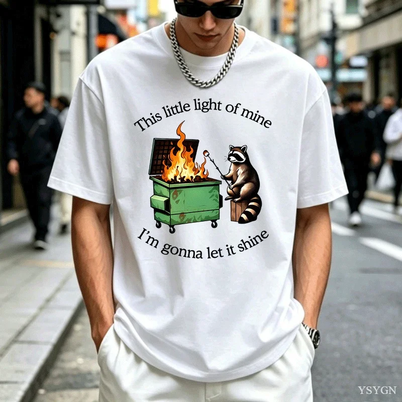 Funny Dumpster Fire Raccoon Tshirt Mental Health Tee Shirt Casual Cotton Short Sleeve T-shirt Streetwear Loose Men's Clothes
