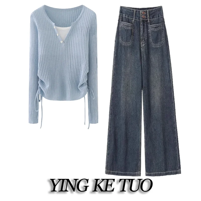 

Комплект из двух предметов с эффектом похудения Dstring V-Ne Long Sve, женские летние повседневные джинсы свободного покроя, модный ансамбль