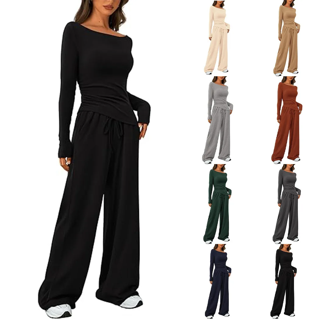 2024 Fashion Women Casual Suits Long Sleeve T-shirt + Wide-leg Loose Trouser Two-piece Sets High Waist Elegant Pants Set Pyjamas