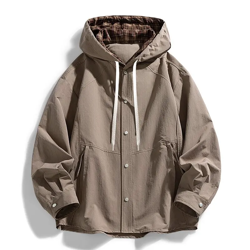 Autumn and Spring New Pure Color Outdoor Sports Windproof Hooded Long Sleeve Shirt Men's Casual Loose Plus Size High Quality Top