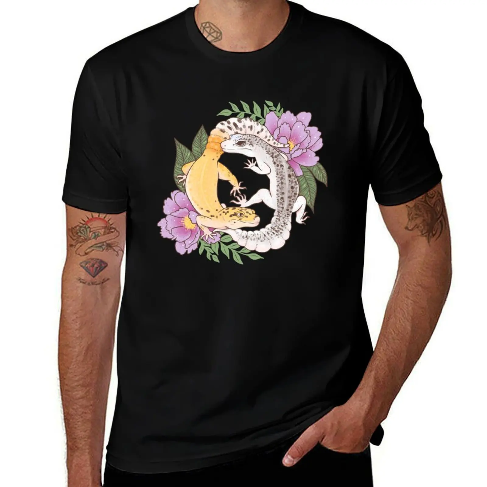 Leopard Geckos and Peony T-Shirt Casual All Match Tee Shirt for Men T-Shirt