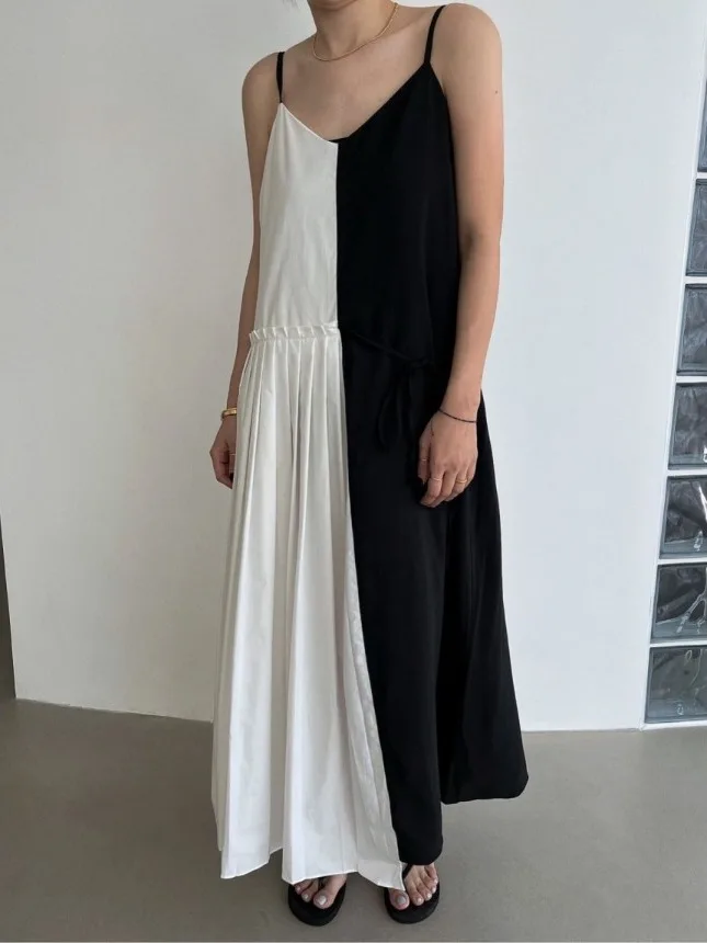 Summer 2025 Women's V-Ne Slimming Waist ter Dr Holiday Long Skirt Splice Design Commute Sle No-Sve Gauze Material