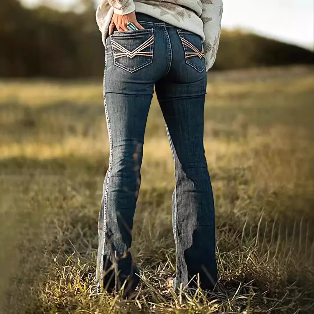 

Джинсы, женские винтажные расклешенные брюки с вышивкой и карманами, джинсы со средней талией, потертые брюки длиной до пола, потертая уличная одежда