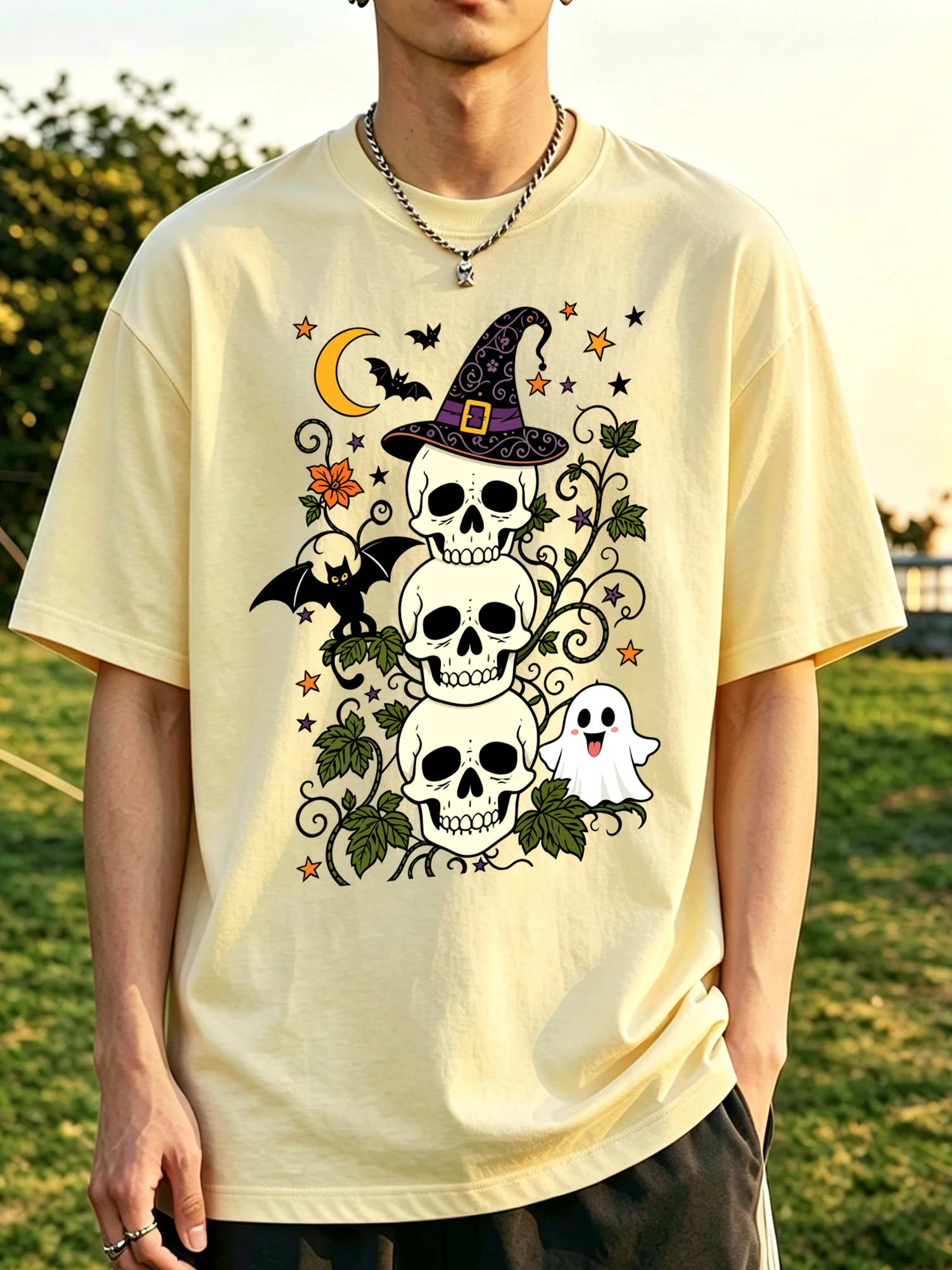 Stacked Skulls Halloween Printing Men'S T-Shirt Cotton Crewneck T Shirts Oversized Soft Clothes Breathable Summer Short Sleeve