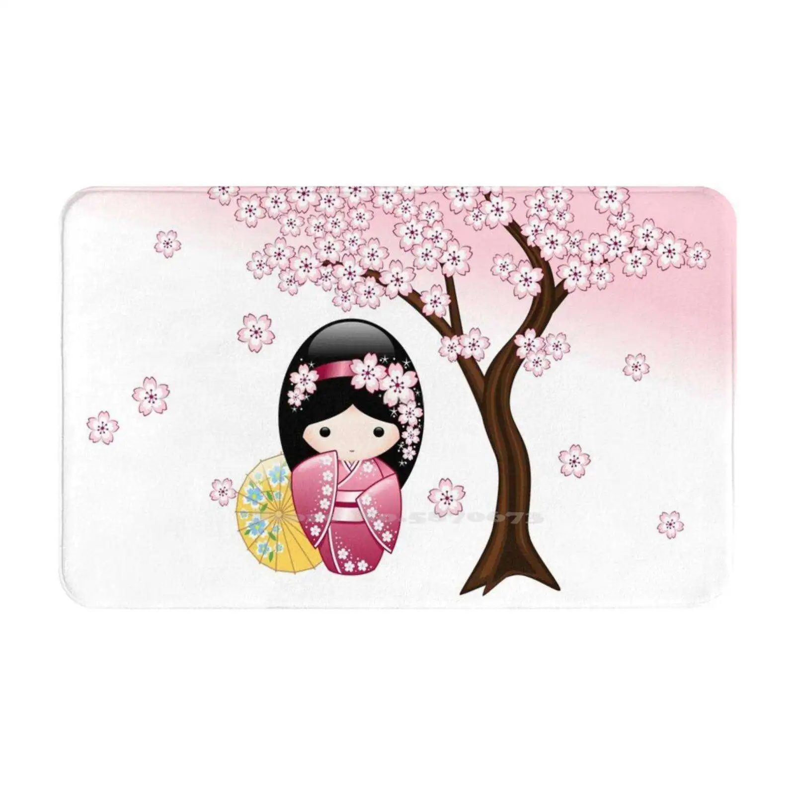 Japanese Spring Kokeshi Doll Soft Cushion Car Home Carpet Door Mat Spring Kokeshi Doll Cute Girly Vector Cherry Blossom Geisha