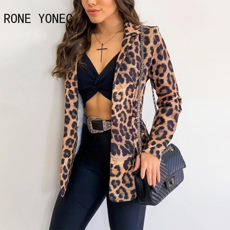 Women Chic Casual Elegant Leopard  Notched  Collar Detail Double Blazer Women Top