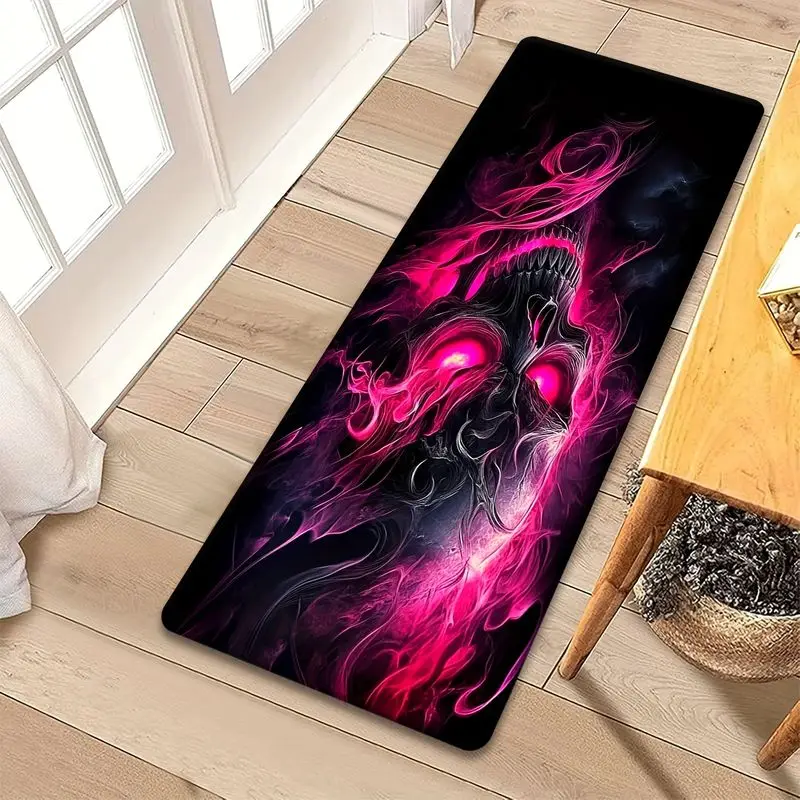 VIKAMA Pink Flame Skull Long Runner Rug Anti Slip Dark Gothic Hallway Alfombra Horror Skeleton Corridor Floor Decor Mat