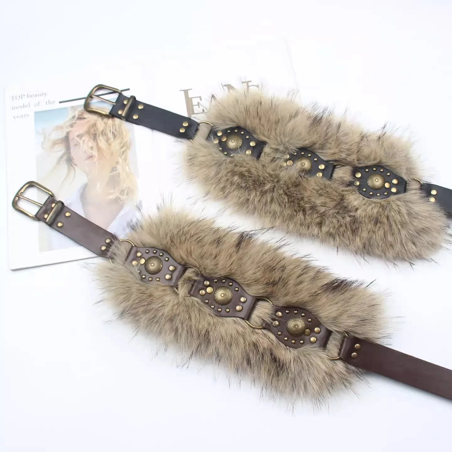Women's Faux Fur PU Leather Corset Female Cummerbund Coat Waistband Dress Decration Wide Belt J1577