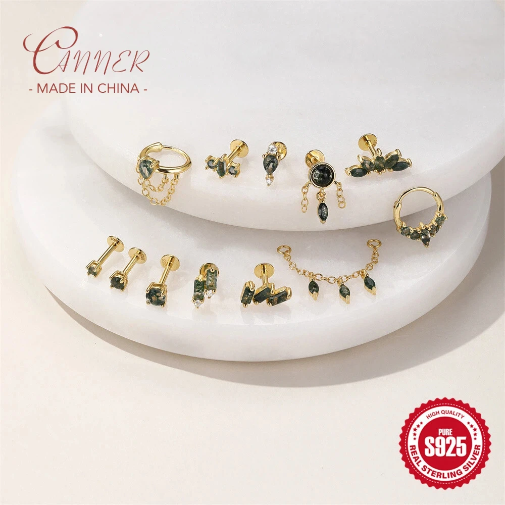 CANNER 1PC S925 Silver Agate Flat Head Thread Puncture Stud Earring For Women Flower Piercing Ins Jewelry