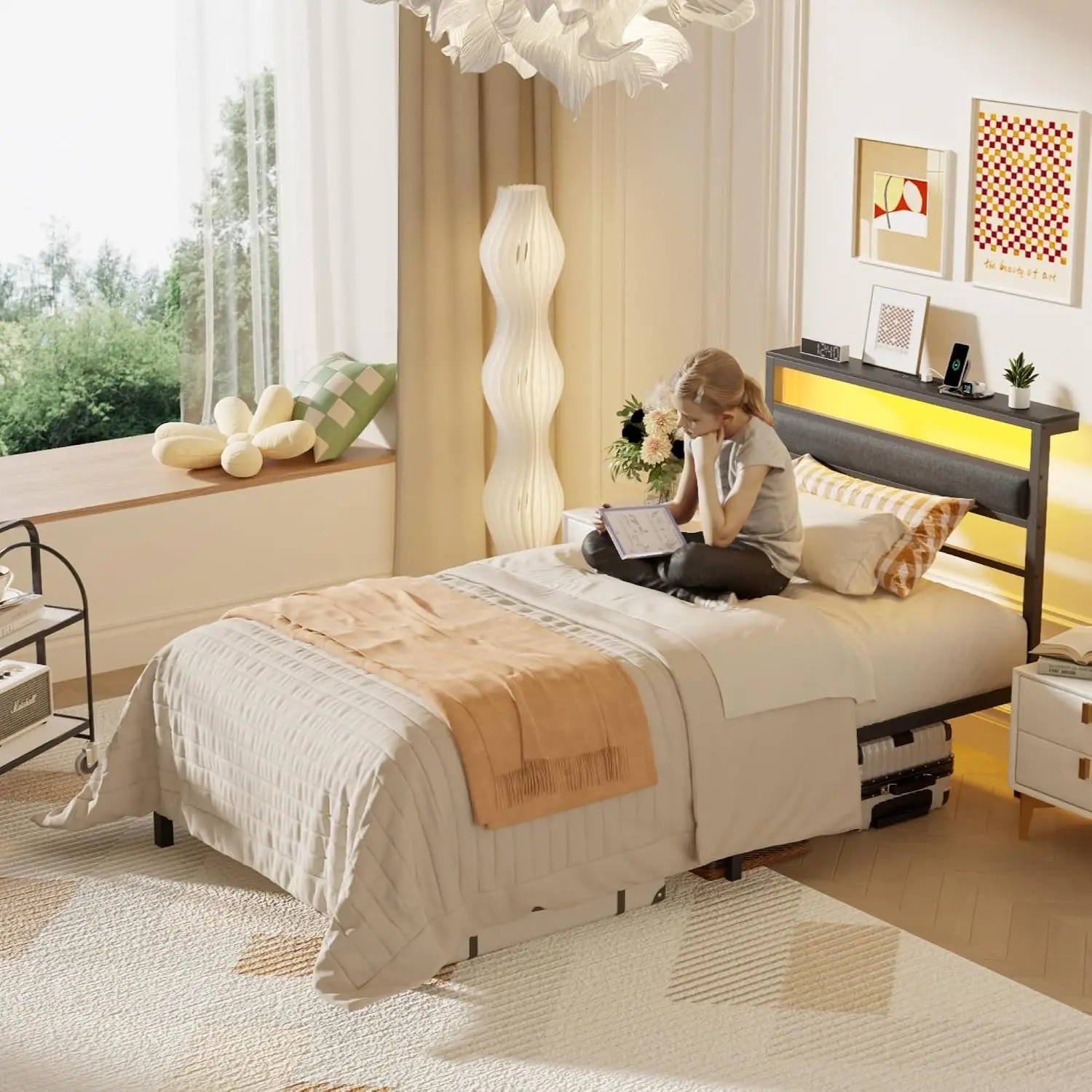 Twin Bed Frames for Kids, Metal Platform Bed Frame Twin Size with Charging Station and LED Lights, Upholstered, Custom view 4