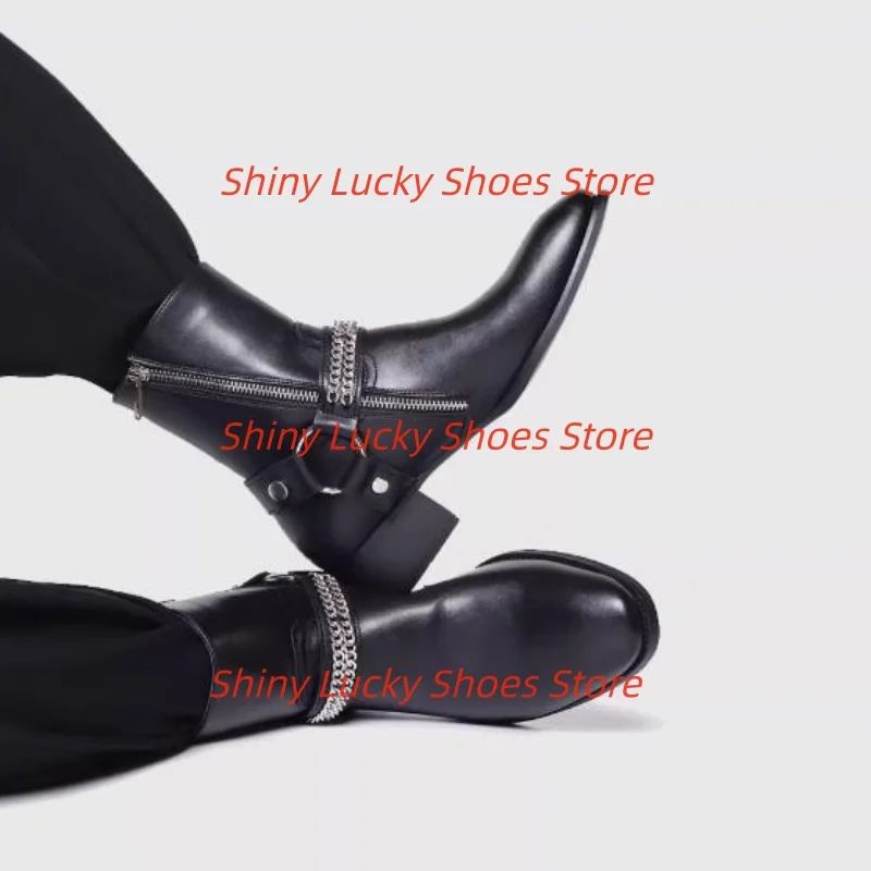 

Chains Shoes for Mens Round Toes Chunky High Heels Pleated Tacones Side Zippers Chassure Femme Buckle Female Short Boots Rivets