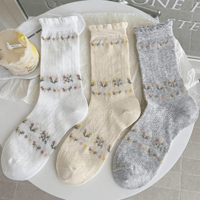 Damensocken, neue Mode, niedliche Blumenmuster, dünne Baumwolle, lange Socken, Frühling, Sommer, atmungsaktives Mesh, koreanischer Stil, Crew-Socken für Damen