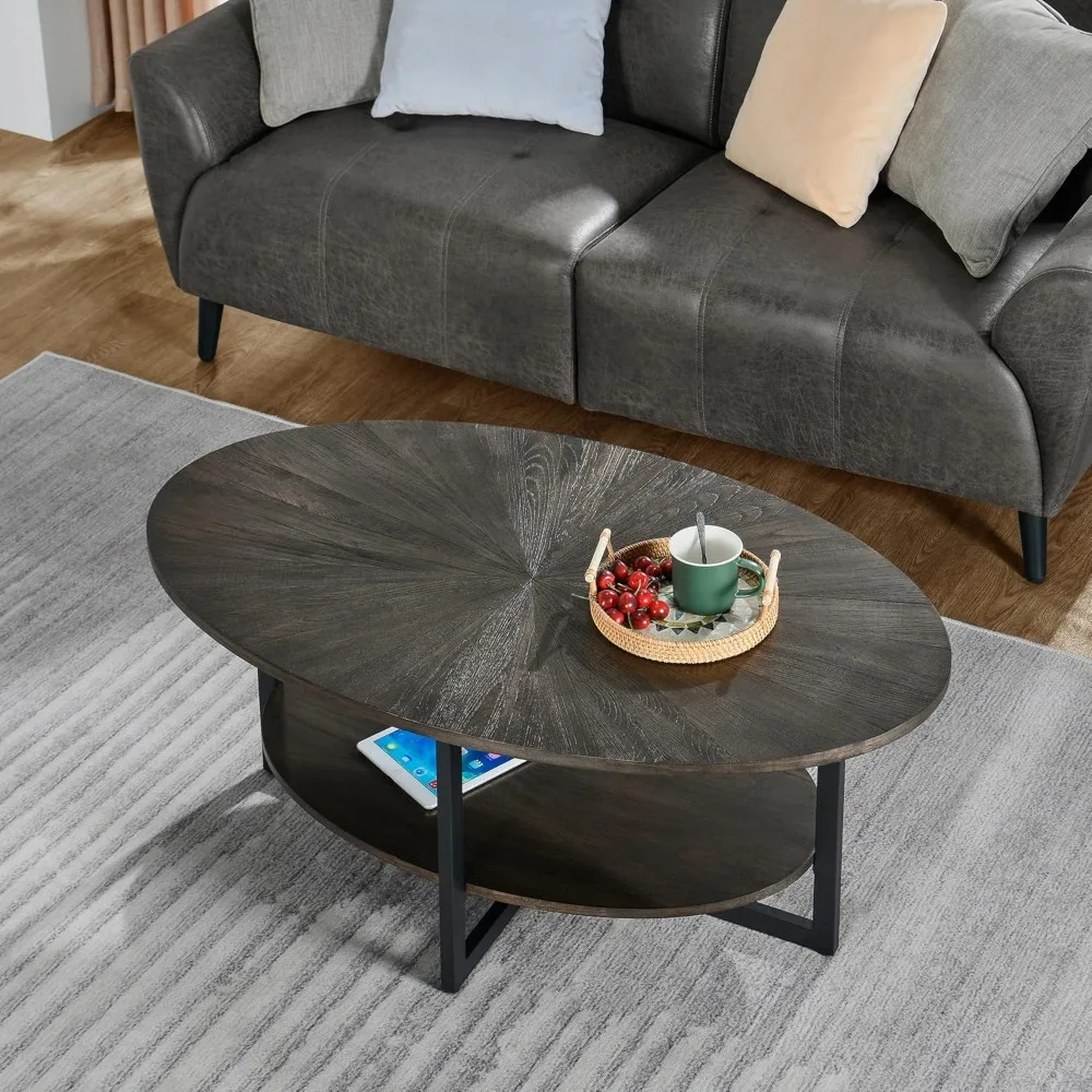 Modern Industrial Style Oval Coffee Table with Metal Cross Legs and Open Shelf, 43.3 inches